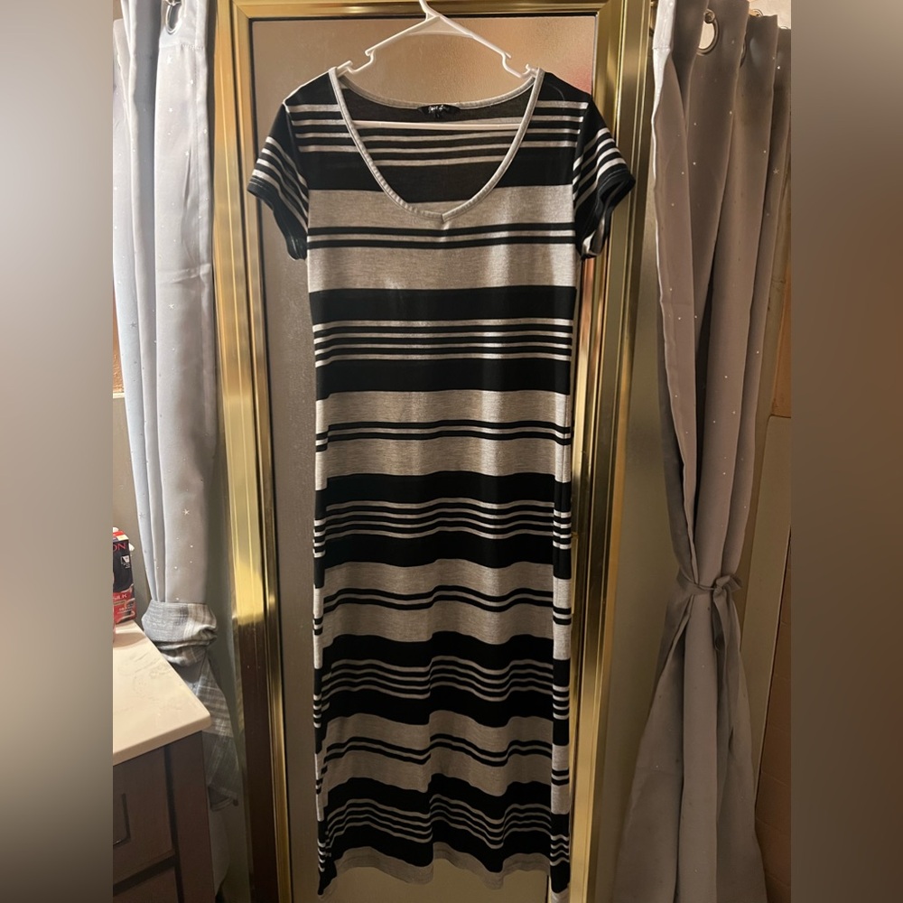 Gray and black striped maxi dress
